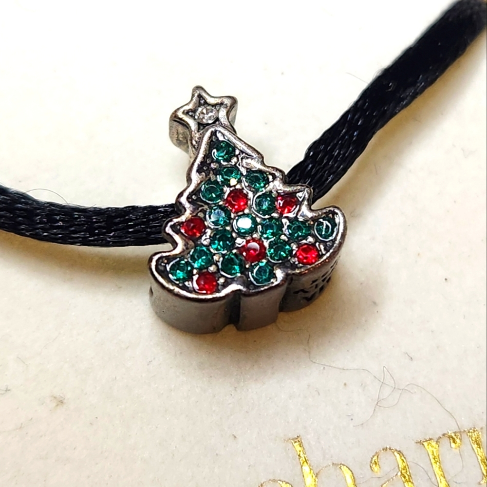 Vtg New 925 Italy Sterling Silver Green Red Rhinestone Christmas Tree Charm Bead